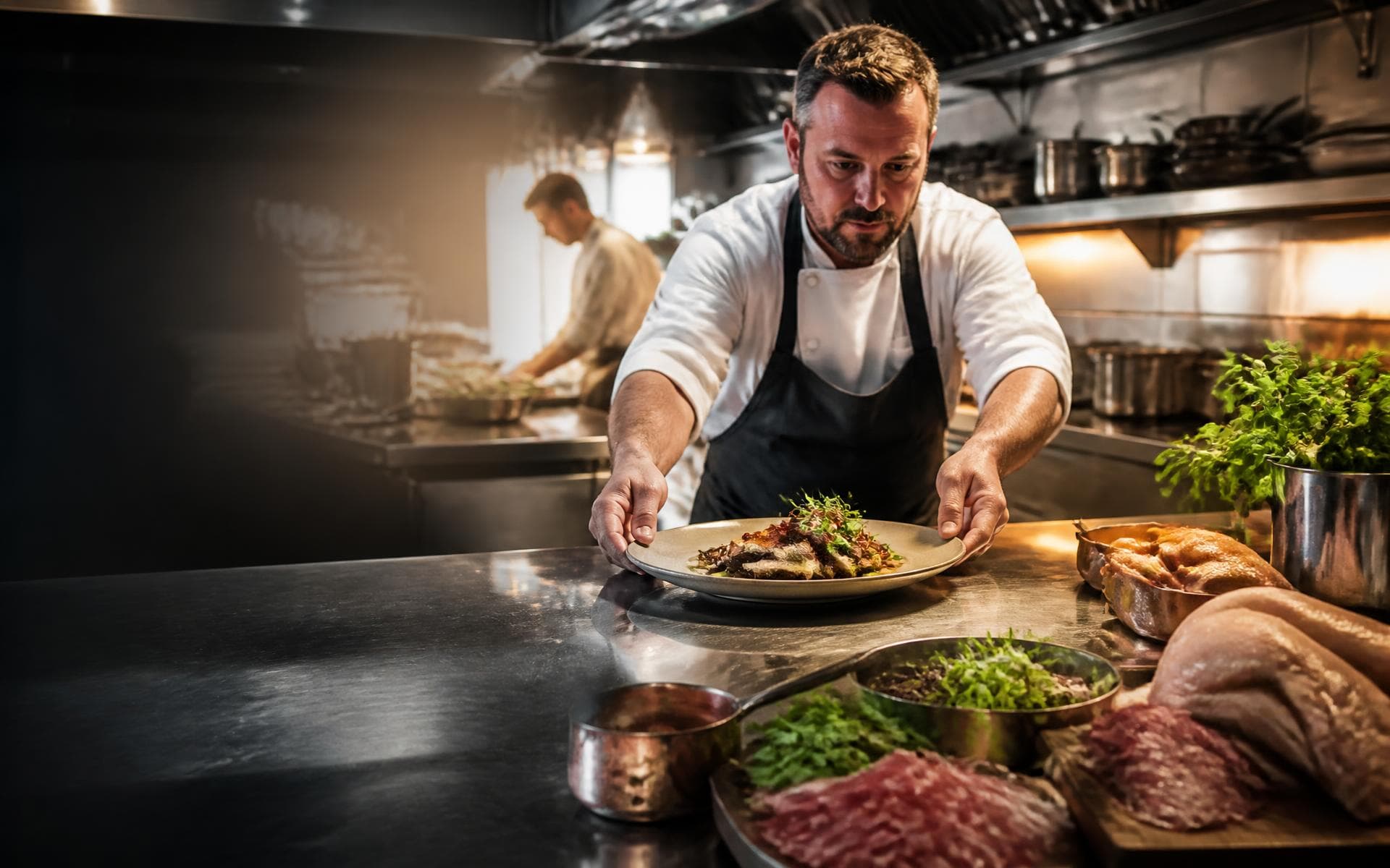 Chef plating a dish in a busy commercial kitchen