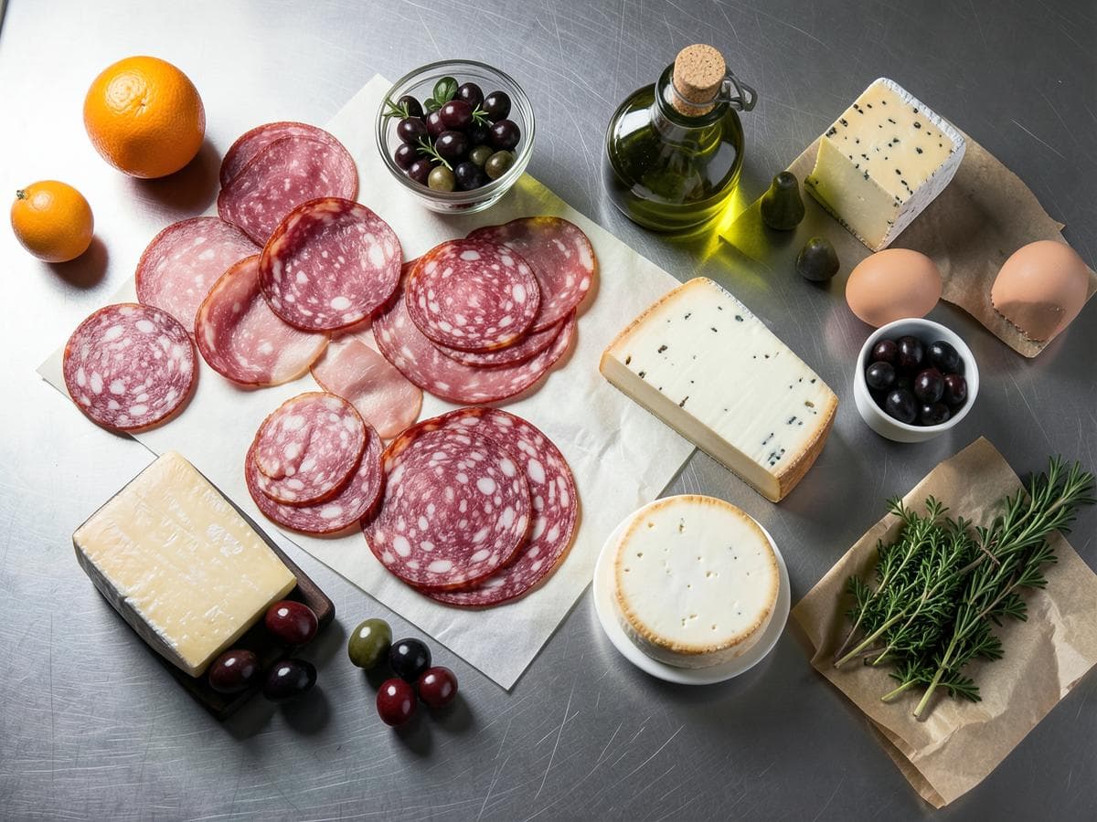 Smallgoods, cheese, eggs and olives arranged on a commercial prep bench